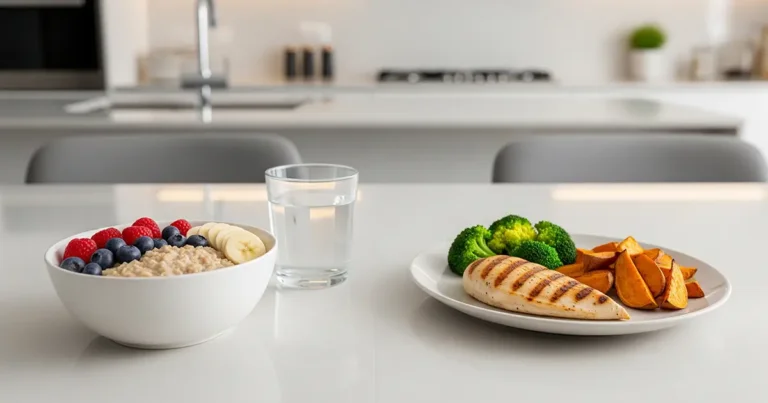 O imagine comparativă cu alimentația corectă înainte și după antrenament- un bol cu ovăz și fructe, și un piept de pui la grătar cu legume