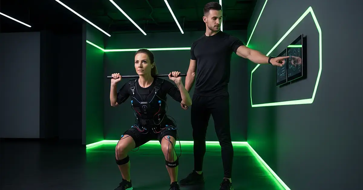O femeie efectuând un antrenament XBody ghidată de un antrenor personal la Elite Gym