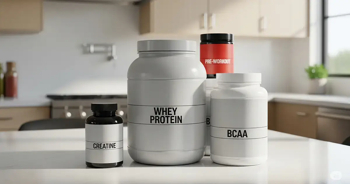 O selecție de suplimente pentru sală, inclusiv un borcan de proteine whey, creatină, BCAA și un pre-workout, aranjate pe o masă modernă de bucătărie