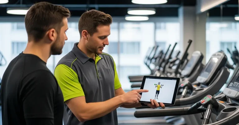 Un antrenor personal profesionist explicând un plan de antrenament unui client la sala de fitness Elite Gym